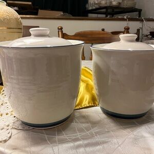 White Ceramic Canisters with Blue Trim